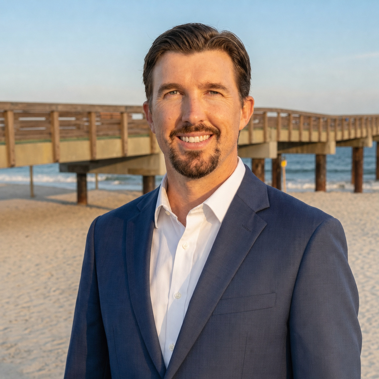 Jacob Dascomb on the beach in St. Augustine, wearing a navy suit