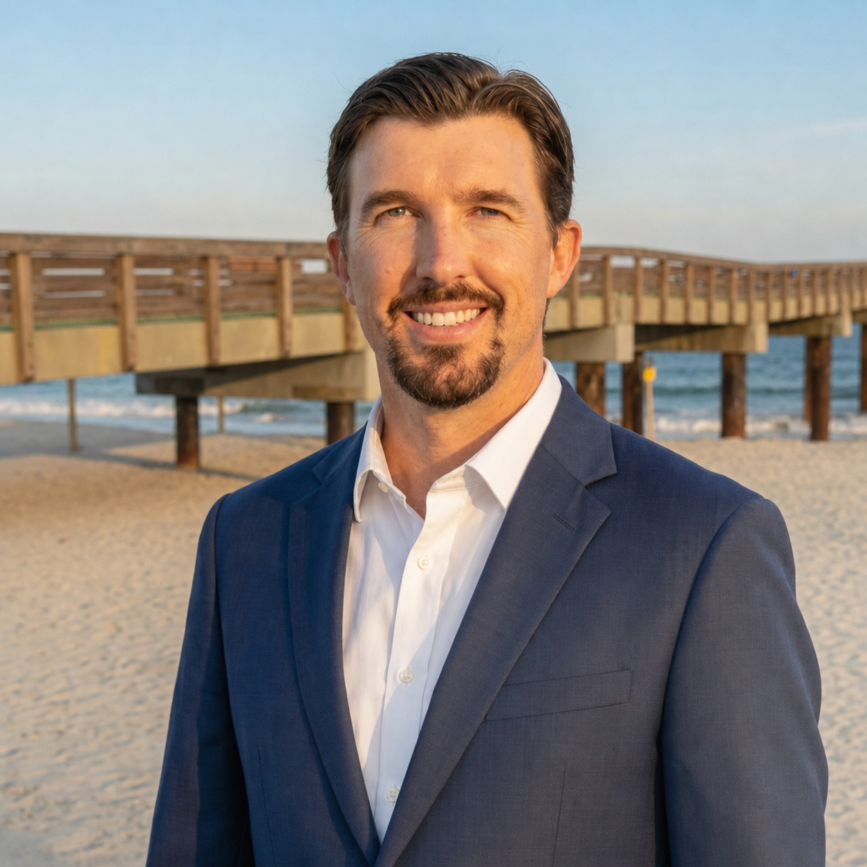 Jacob Dascomb on the beach in St. Augustine, wearing a navy suit